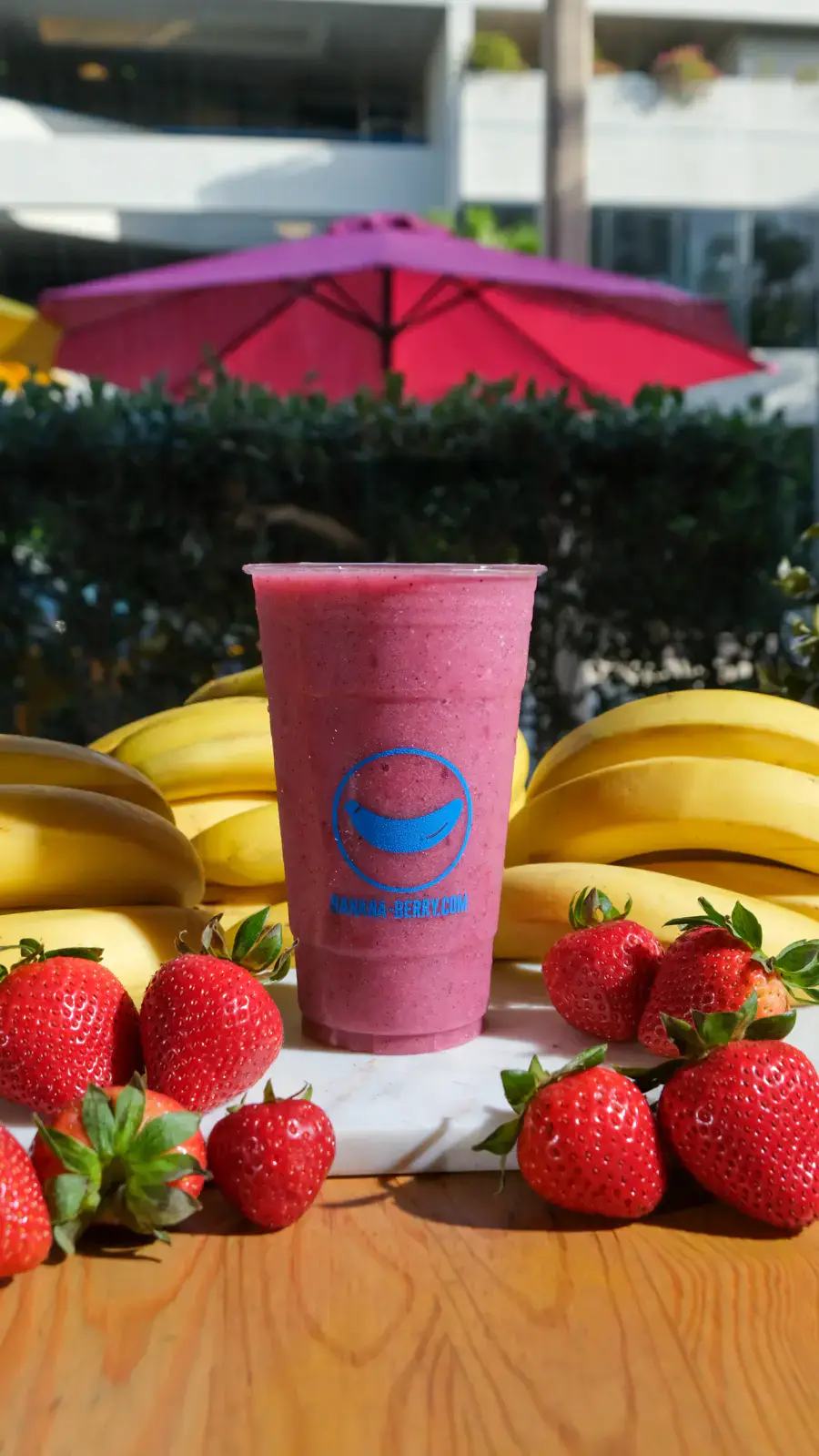 Bright pink pitaya smoothie from Banana Berry in Coral Gables